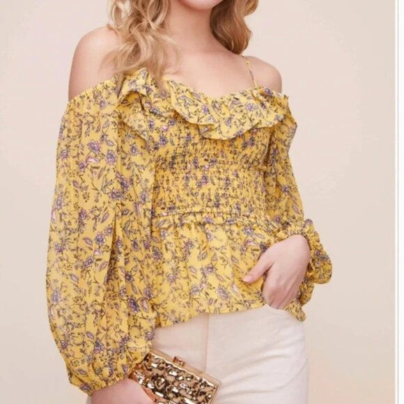 Astr Tops - Astr ASTR Yellow Ruffle off the Shoulder Smocked Floral Top Oversized Sleeves